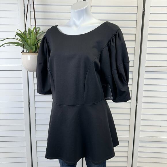 New Eloquii Black Puff‎ Sleeve Peplum Blouse Top Scuba Ponte Back Zip Size 16 - Picture 1 of 12